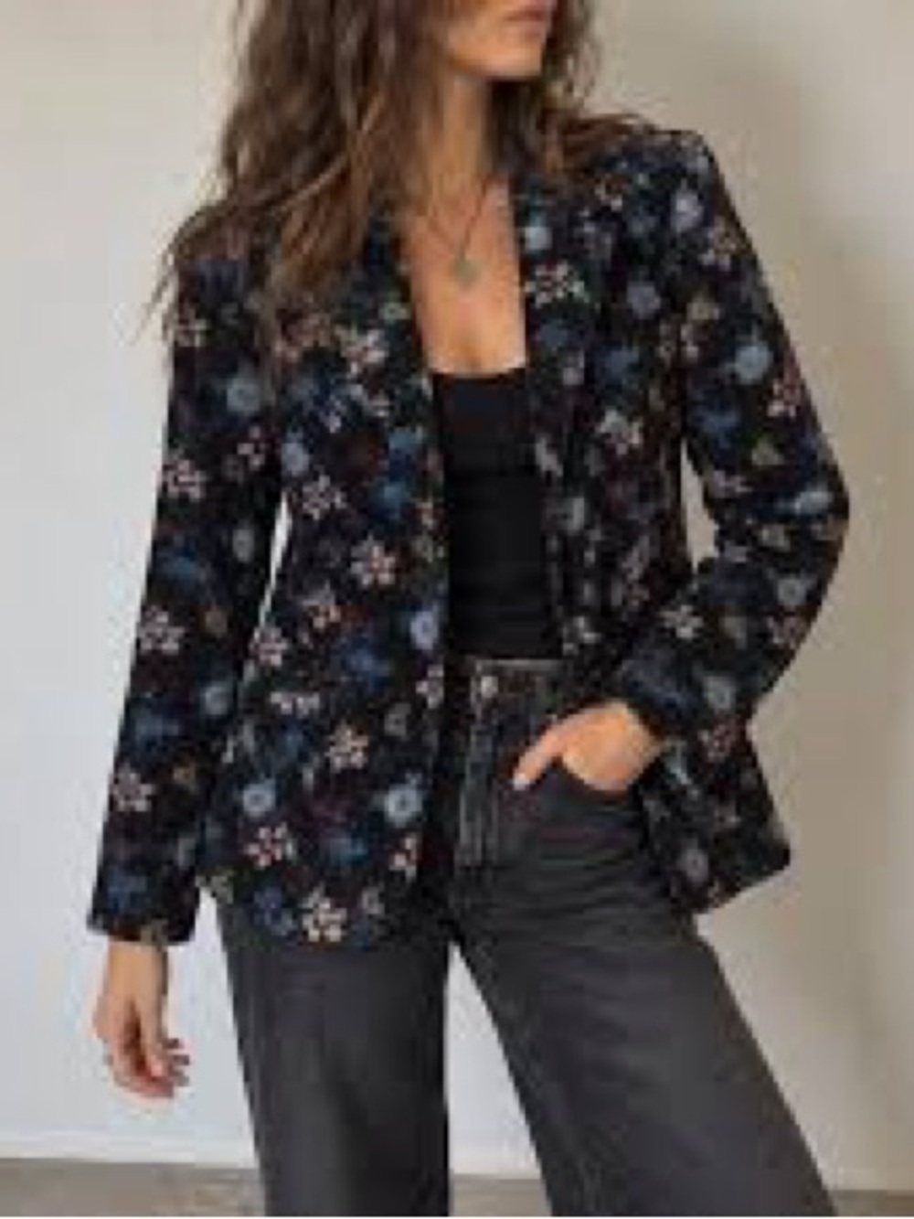 Anthropologie ett:twa Floral Velvet Corduroy Blazer Womens 8 Black Multi